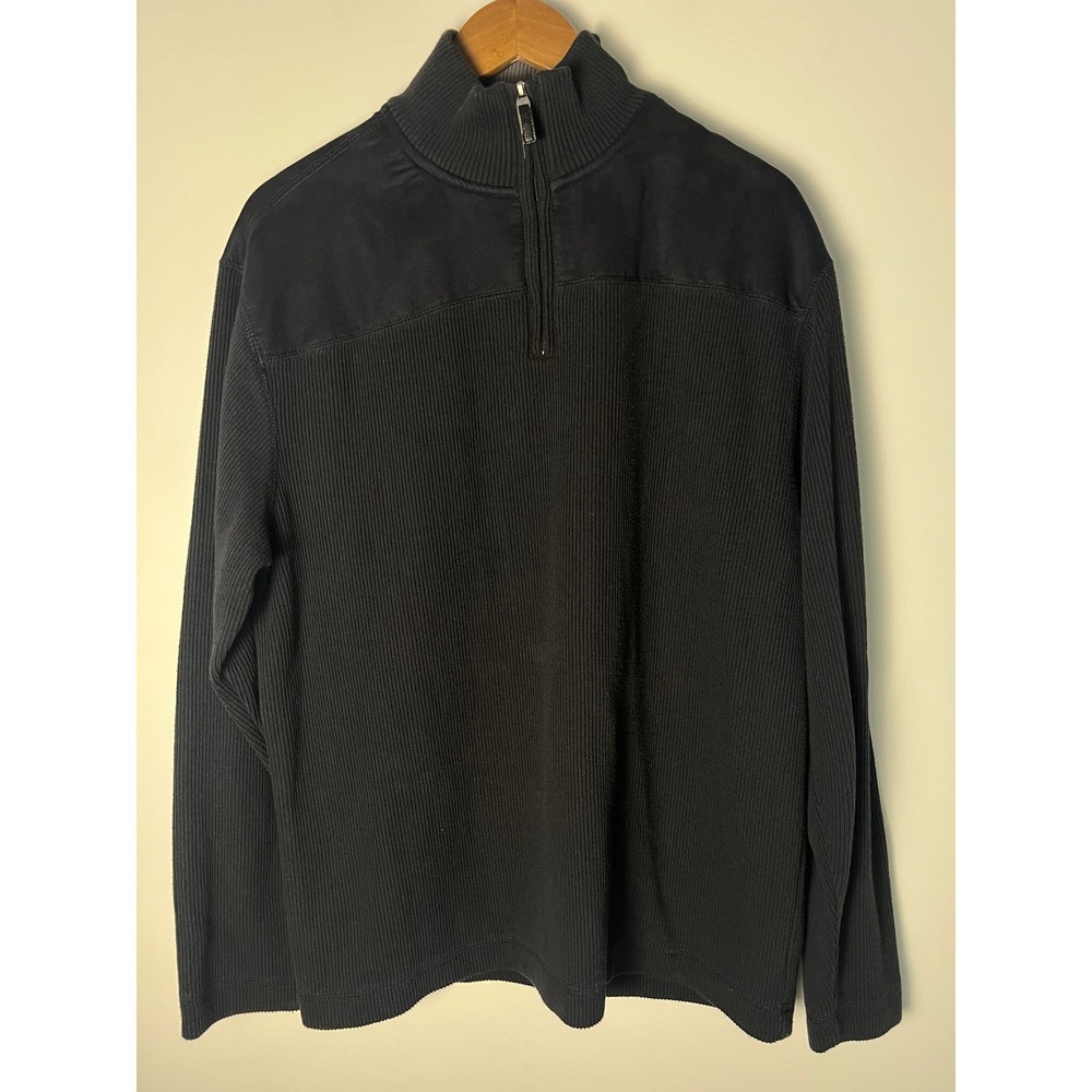 Claiborne Quarter Zip Sweater Mens XL Black Ribbed Knit Faux Suede Yoke Pullover